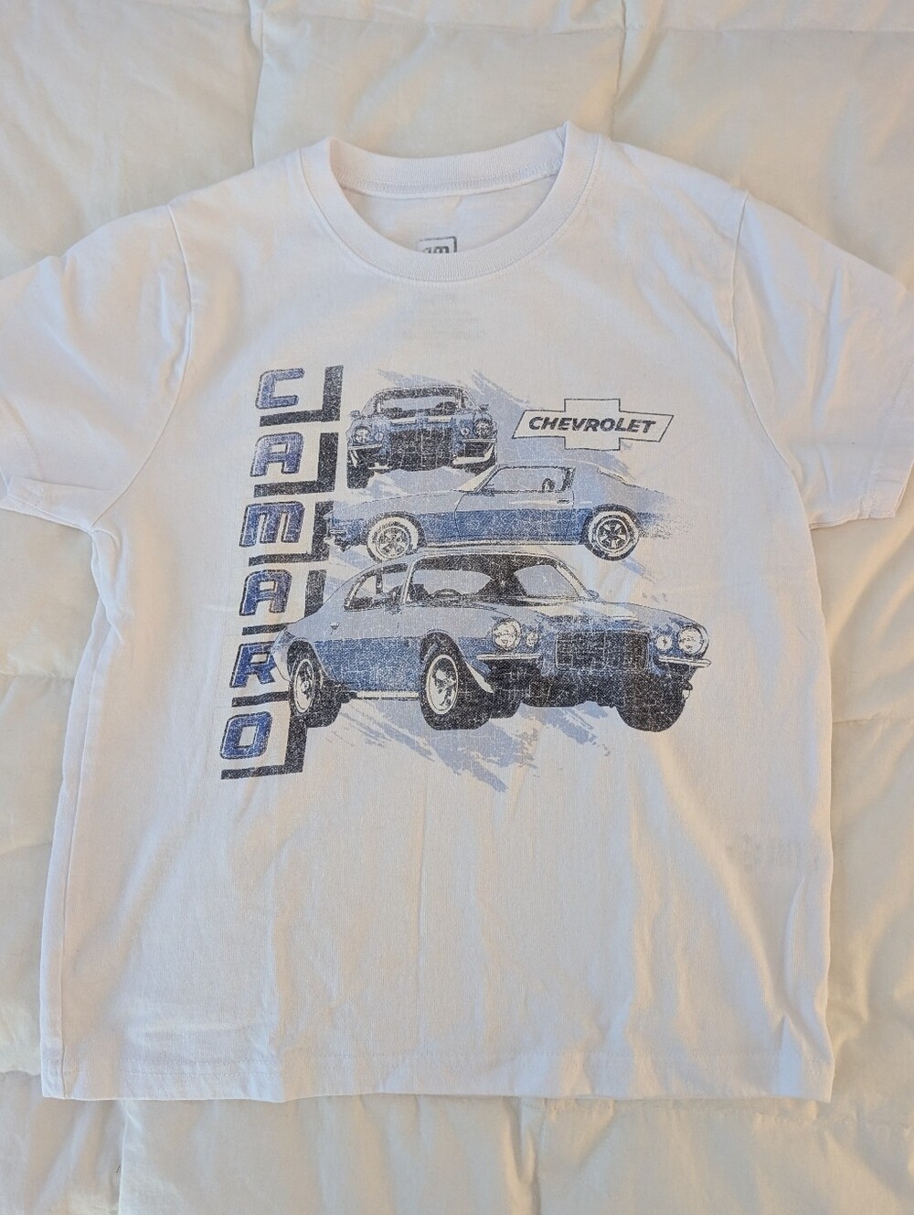 Hybrid Apparel White Tee with Blue Camaro Graphic